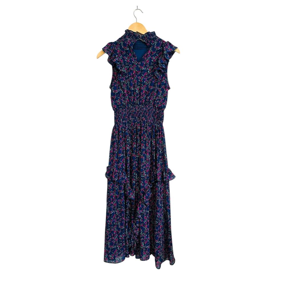Lulus Evalina Navy Blue Floral Print Mock Neck Sleeveless Ruffle Midi Dress XS - Picture 10 of 16